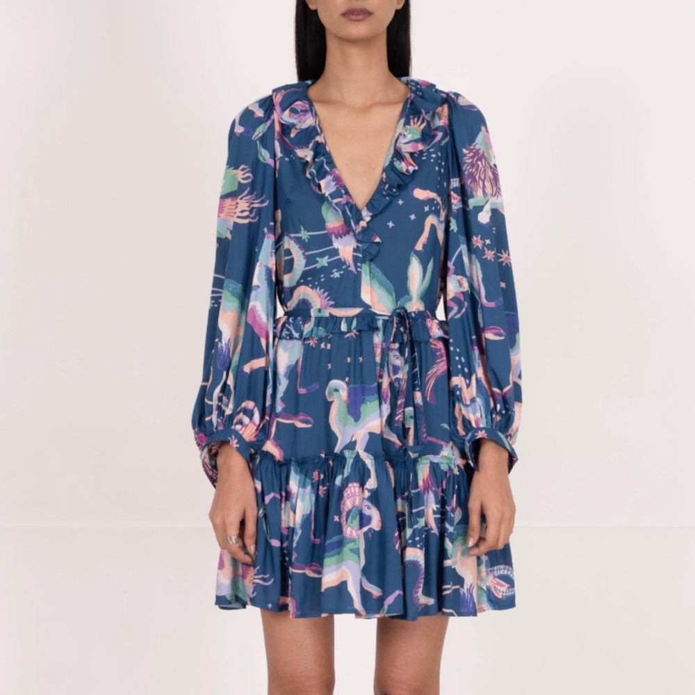 Banjanan Florence Long Sleeve Ruffled Mini Dress in Celestial Dark Blue